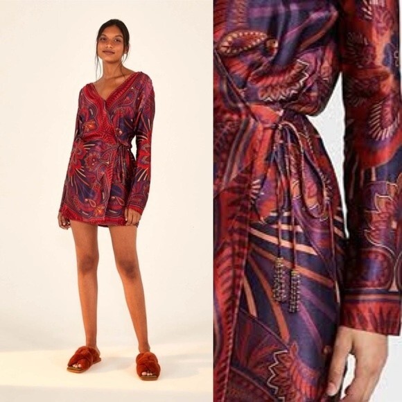 NEW Farm Rio Macaw Arabesque Mini Wrap Robe Dress Red Satin Size XS - Picture 3 of 14